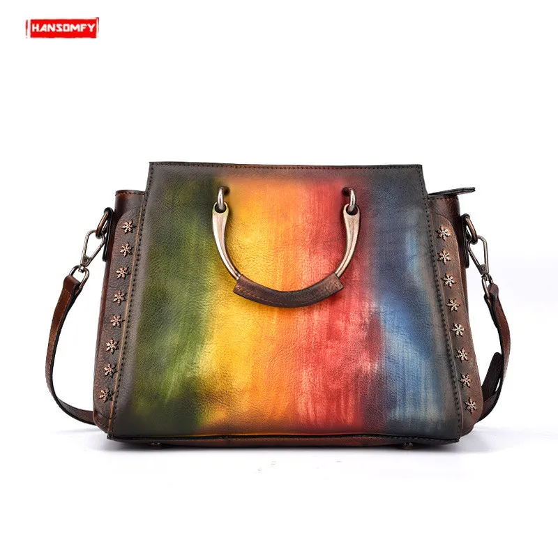 

2019 Retro genuine leather Women's handbags hand-painted female crossbody bags fashion original shoulder bags ladies rivet bag