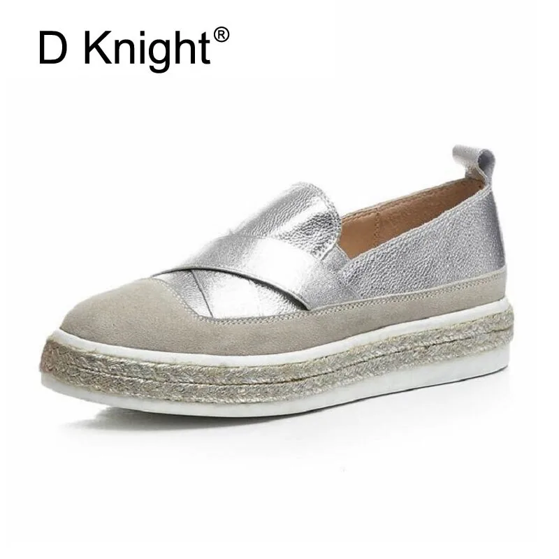 

Straw Thick Bottom Creepers Ladies Casual Flat Platform Shoes Woman Women Genuine Leather Loafers Fashion Slip-on Women Flats