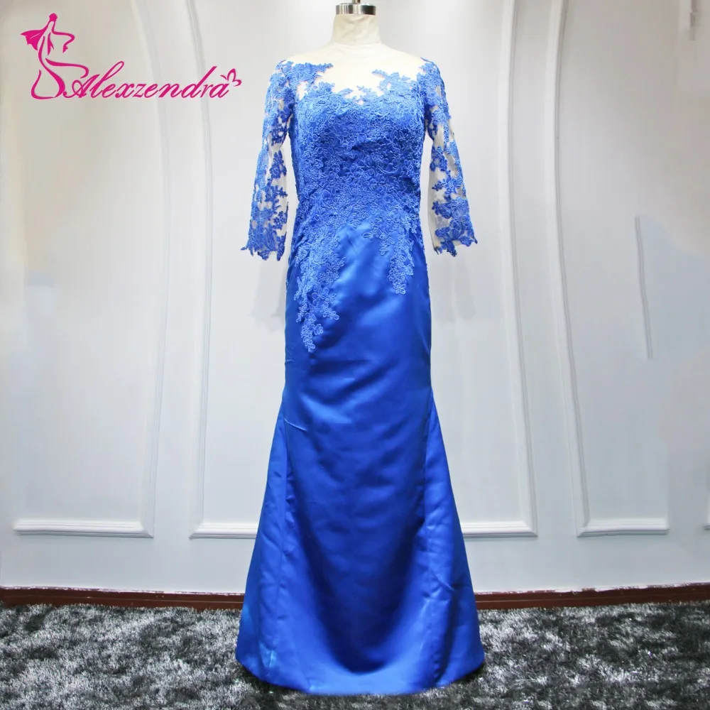 

Alexzendra Blue Mermaid Long Prom Dresses with Three Quarter Sleeves Illusion Back Evening Dresses Plus Size Party Women Gown