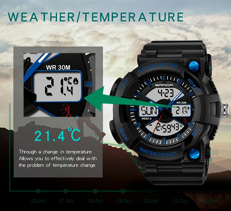 SANDA ударный термометр Модные мужские спортивные часы светодиодный цифровые часы мужские роскошные брендовые военные водонепроницаемые мужские часы