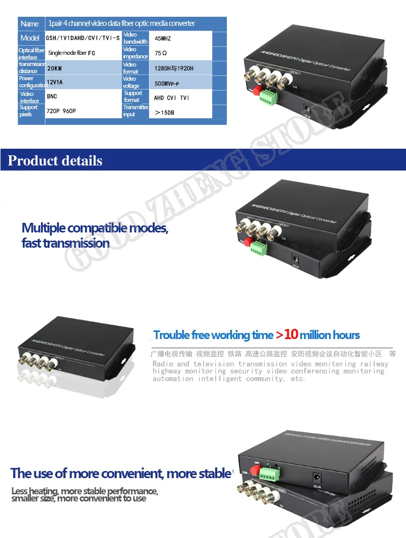 4-CH видео оптический Media converter 720 P/960 P CVI/AHD/TVI RS485 FC Порты и разъёмы Fiber Transceiver-1 пара