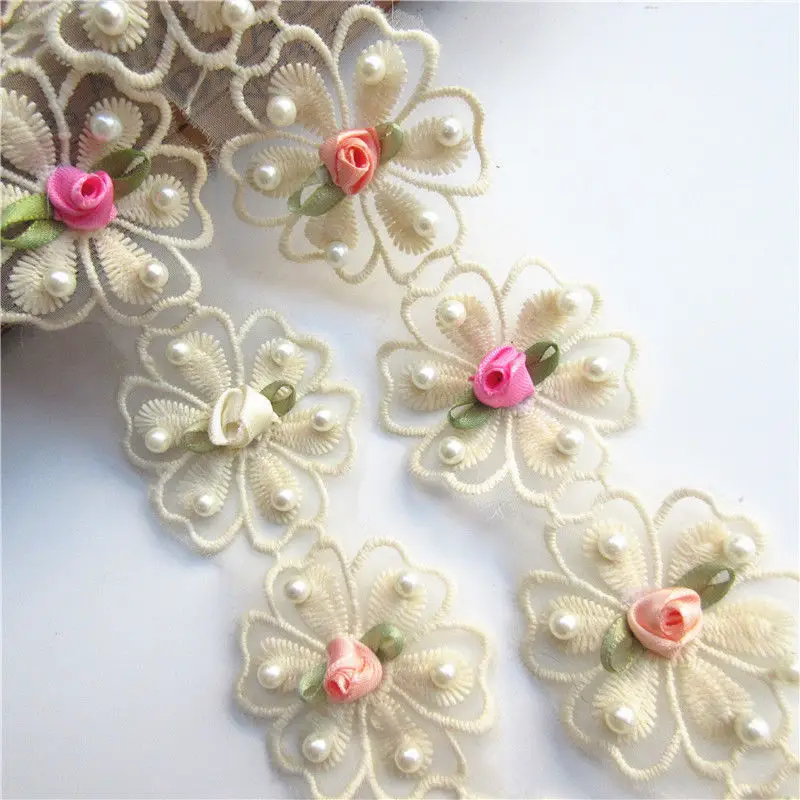 

1yd Vintage Multicolor Lace Flower Heart Pearl Fabric Applique Patch Lace Edge Craft Trim Ribbon Baby Sewing Embroidered Draft