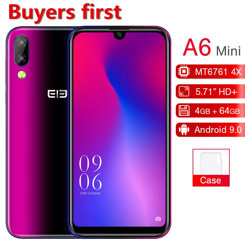 

2019 New Elephone A6 mini MT6761 Quad Core 5.7"FHD Android 9.0 Smartphone 4GB RAM 32GB/64GB ROM 16MP Face ID 4G LTE Mobile Phone