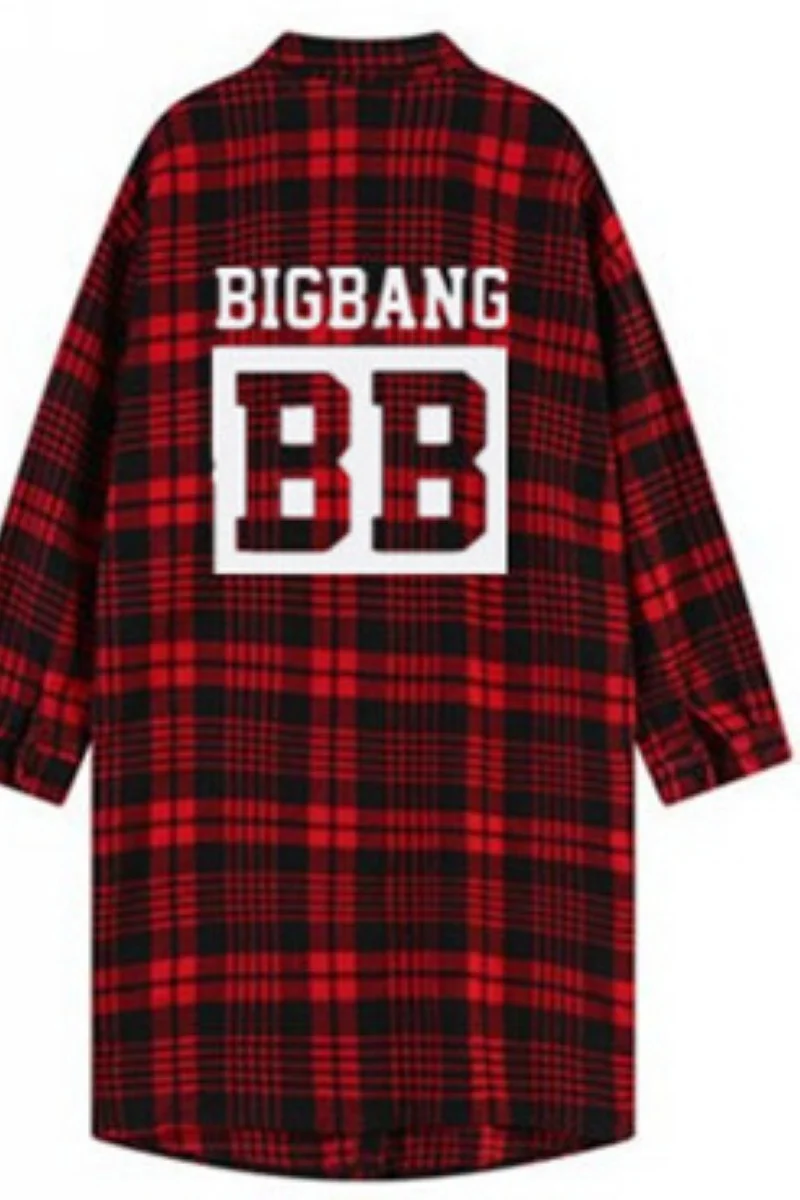 Bigbang harajuku длинный участок Демисезонный плед куртка женщин k-поп big bang сделано В красную клетку- топы с длинными рукавами рубашка