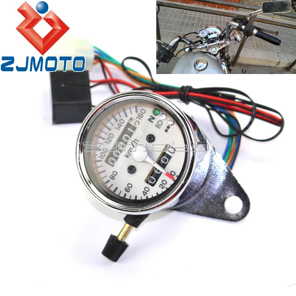 

12V Universal Motorcycle Speedometer Odometer Chrome Dual Speed Meter w/ Headlight Turn Signal Lights LED Indicator Speedometer