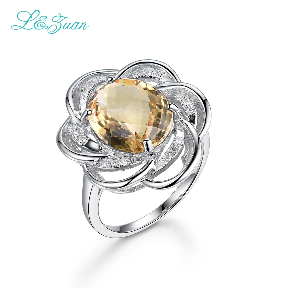 I&zuan 7.38ct Natural Citrine Ring Real 925 Sterling Silver Jewelry Flower Luxury Rings For Women Checkerboard Gems Ring