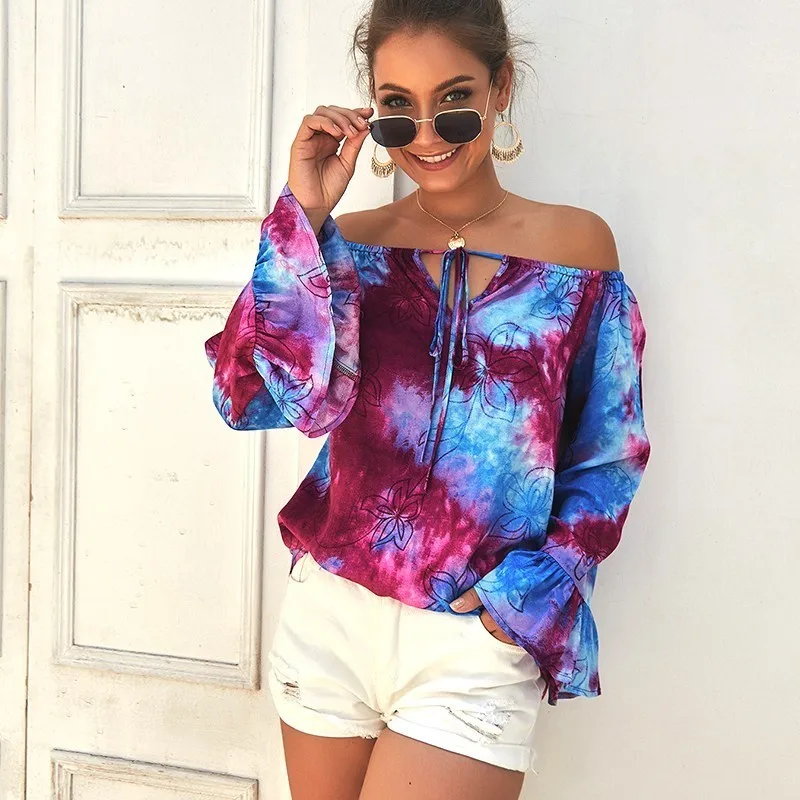 Boho Off Shoulder Blouse Shirt Women Summer Floral Printed Blouses Femme Bohemian Lantern Sleeve Slash Neck Blusa Tops Mujer