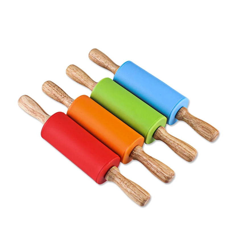 

1PC 23cm Mini Silicone Rolling Pin 4Sweet Colors wood handle Non-stick Dough Roller Parent-Child DIY Baking&Pastry Tools