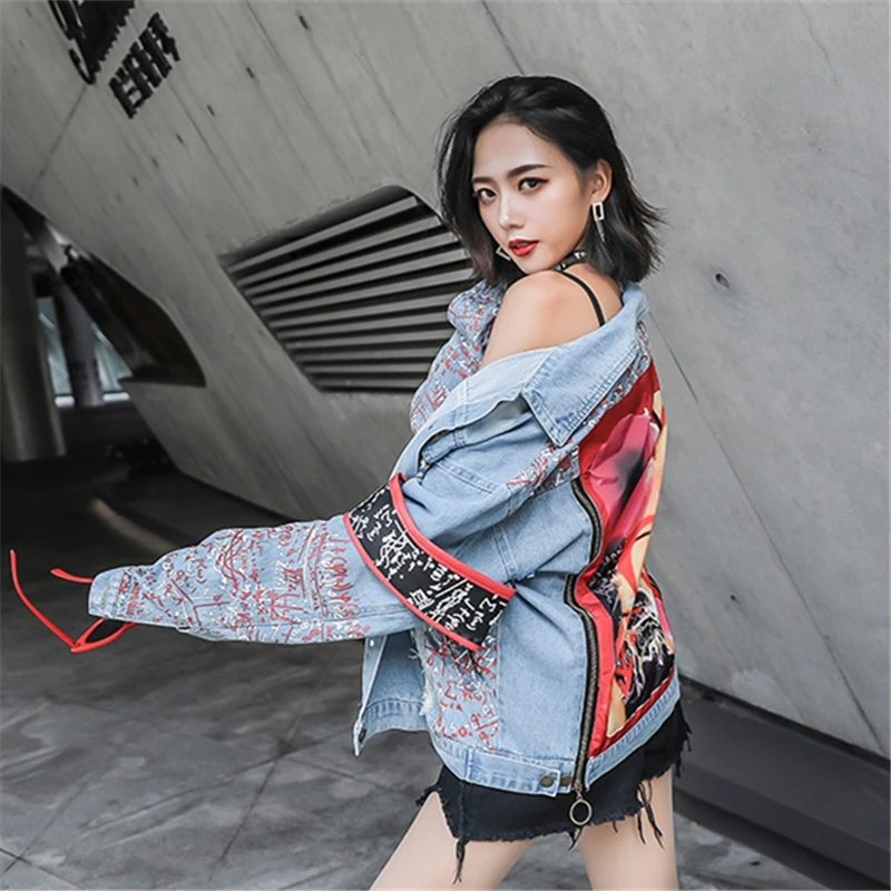Modèle Bomber Taille Jeans Solide Denim De Veste Dessin Scrawl Décontractée Animé Grande Femmes Femelle Dt033 Printting Outwear Manteau sCBhdQorxt