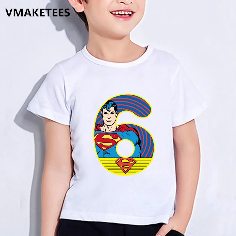 Забавная летняя футболка для мальчиков и девочек, детская футболка с принтом Супермена/Бэтмена, номер 1-9, детская одежда на день рождения, HKP2428 - Цвет: HKP2428F