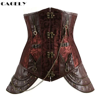 

Steel Boned Steampunk Corset Gothic Brocade Faux Leather Waist Trainer Cincher Lace up Underbust Basque Sexy Armor Costume Top