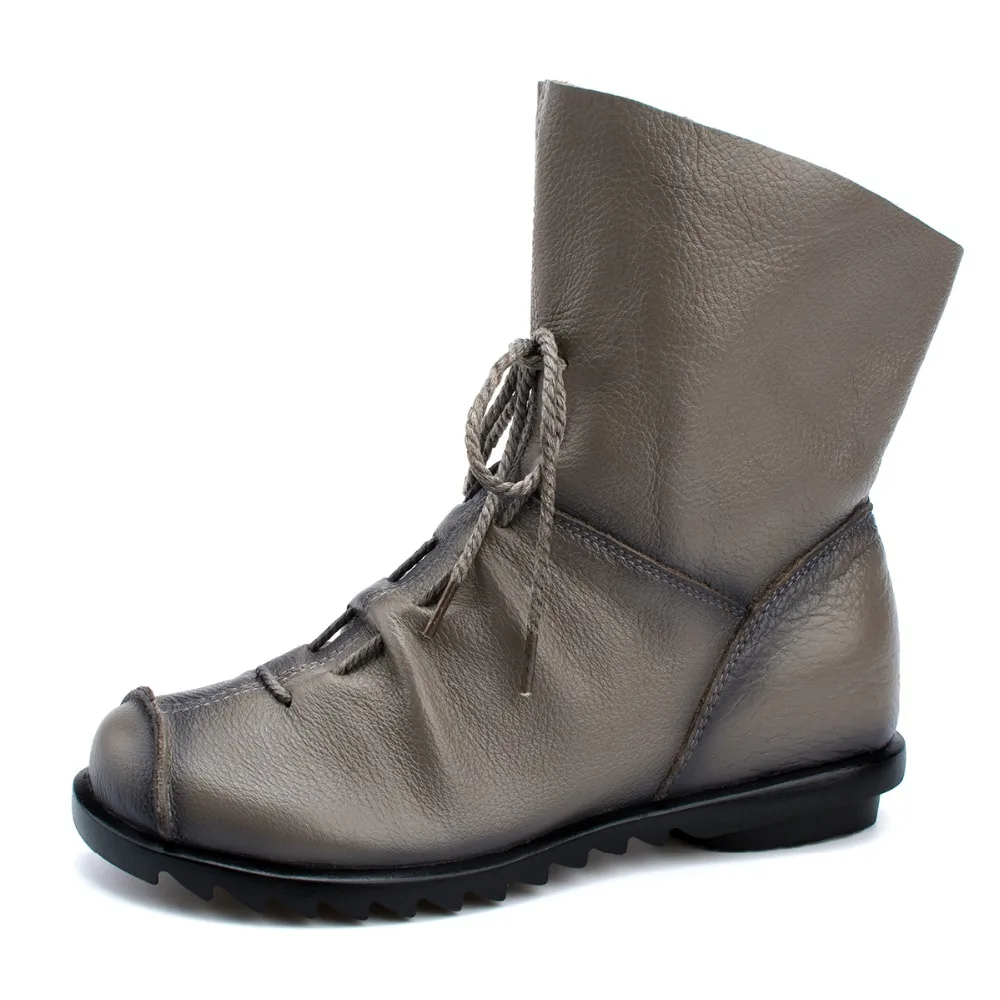Plus Size Genuine Leather Women Boots Autumn Winter Fashion Pleated Ankle Boots Warm Soft Outdoor Casual