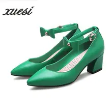 The New Fashion Pointed Thick With The Buckle Single Shoes Leather With Shallow Mouth Bow Shoes Women Shoes High Heel Sexy Pumps