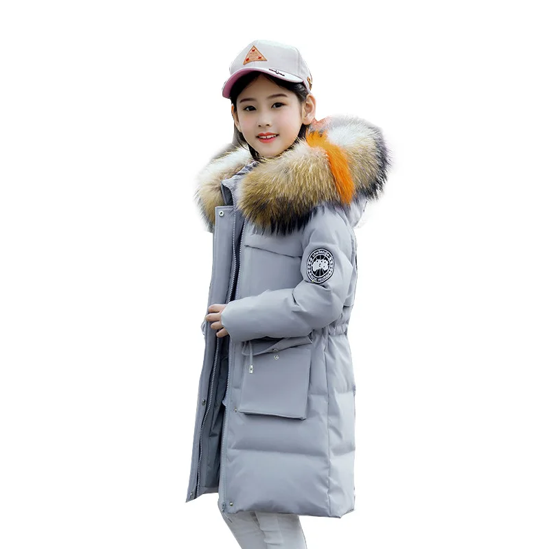 

Girl fashion solid color down jacket Girl long thick warm down jacket Girl winter cold coat Children's large fur collar jacket
