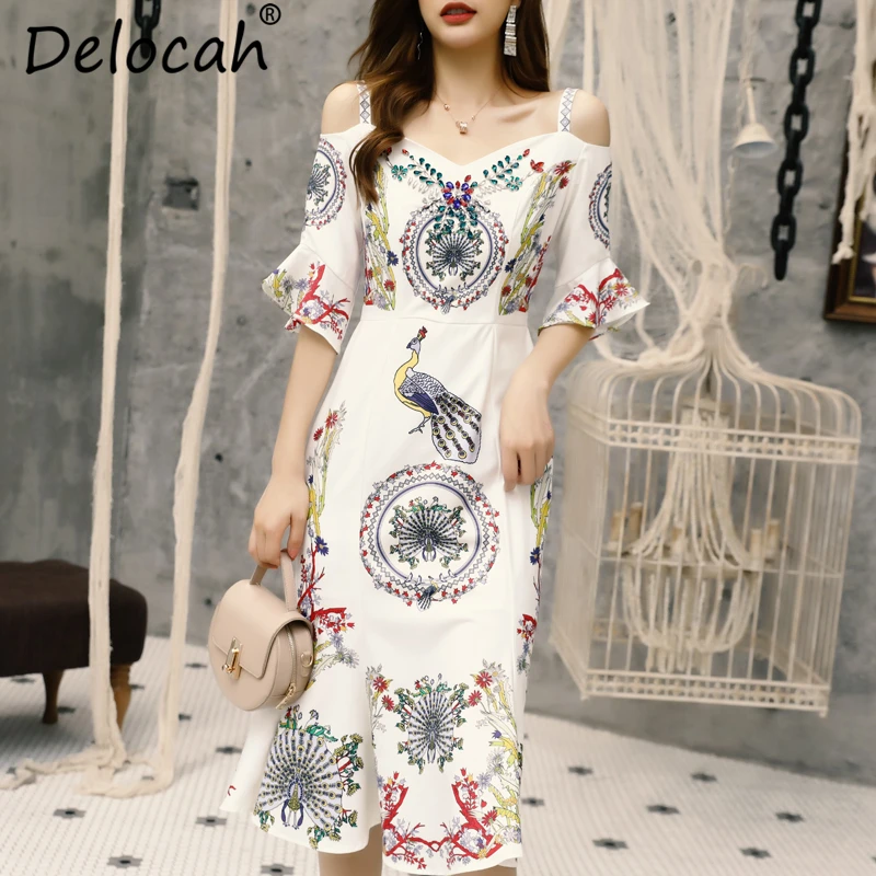 Delocah Women Summer Dress Runway Fashion Designer Sexy V-Neck Spaghetti Strap Beading Animal Printed Elegant Vintage Dresses