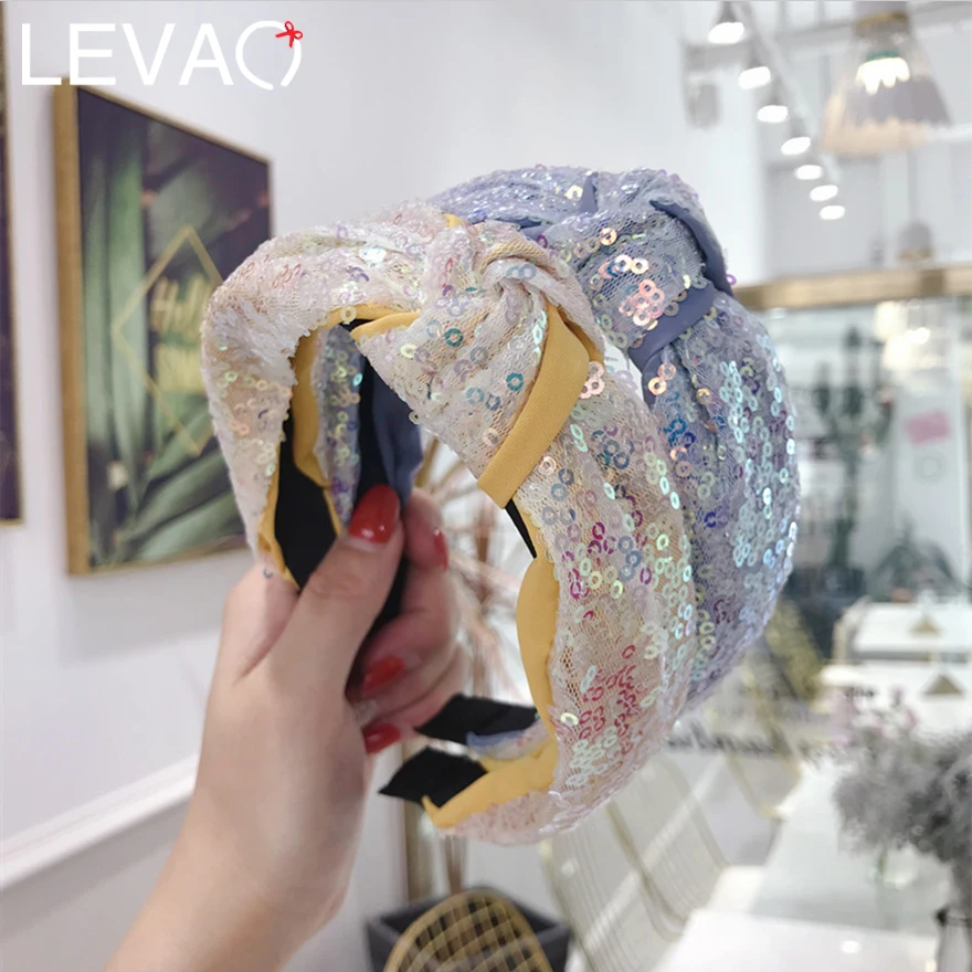 

Levao Fancy Shinny Colour Sequins Headbands for Sweet Girls Simple Mesh Fabric Knotted Wide-brimmed Female Hairbands for Party
