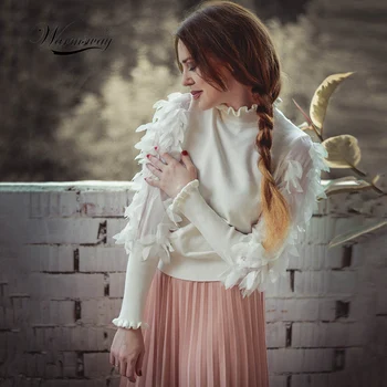 

Fashion Flowers Sleeves Knitted Sweater Women Spring Autumn Loose Jumper Ruffled Collar Knitted Women Tops C-079