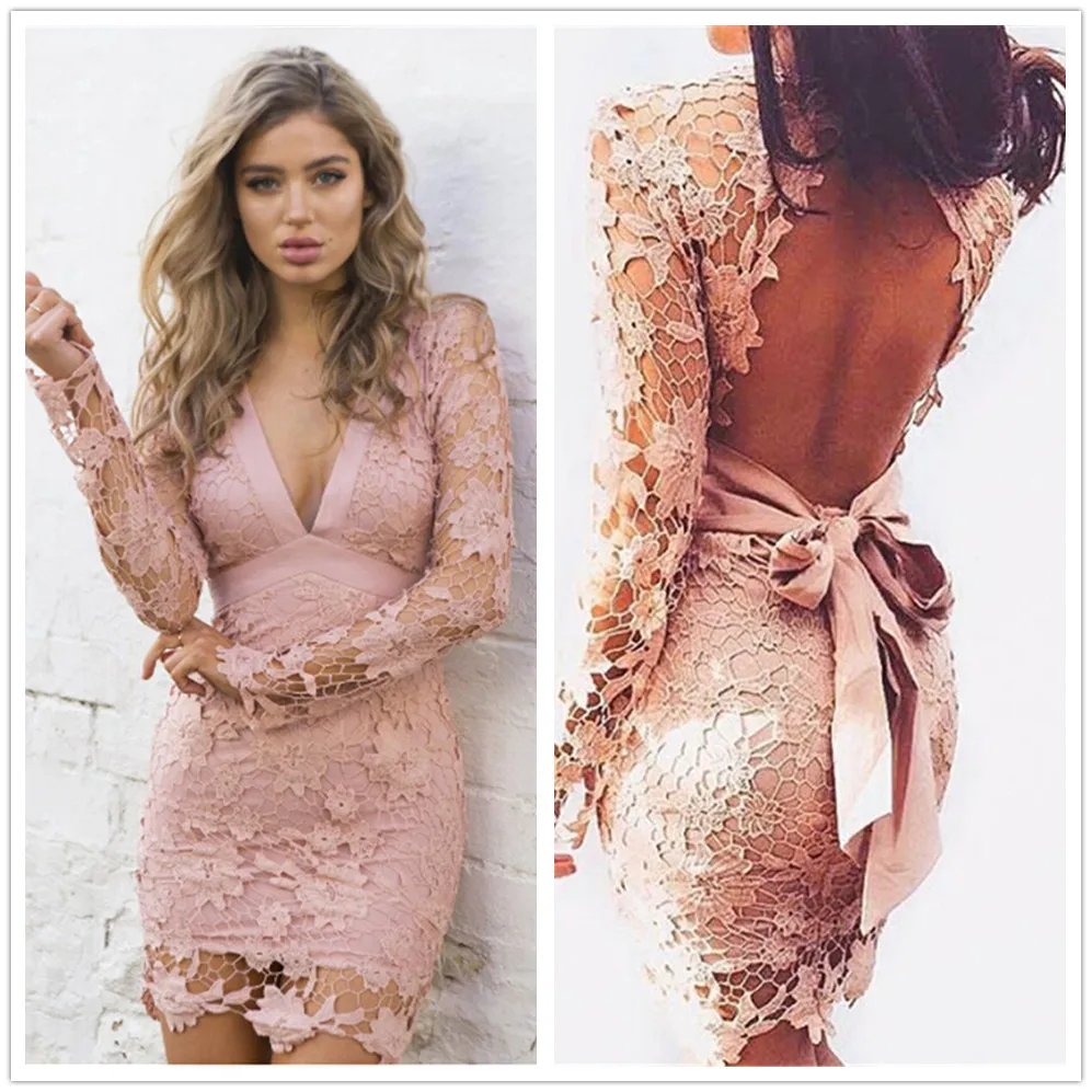Black Pink Backless Deep V neck Sexy Lace Dress 2016 New Fashion Embroidery Hollow Out Long Sleeve Elegant Women Party Dresses Black Pink Backless Deep V neck Sexy Lace Dress 2016 New Fashion Embroidery Hollow Out Long Sleeve Elegant Women Party Dresses