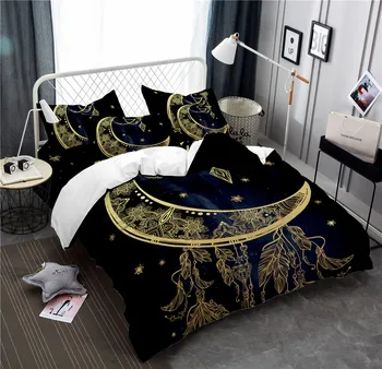 

Boho Design Bedding Set Golden Moon Star Print Duvet Cover Set Cartoon Bed Cover Black Bedclothes Pillowcase Twin Queen King D45