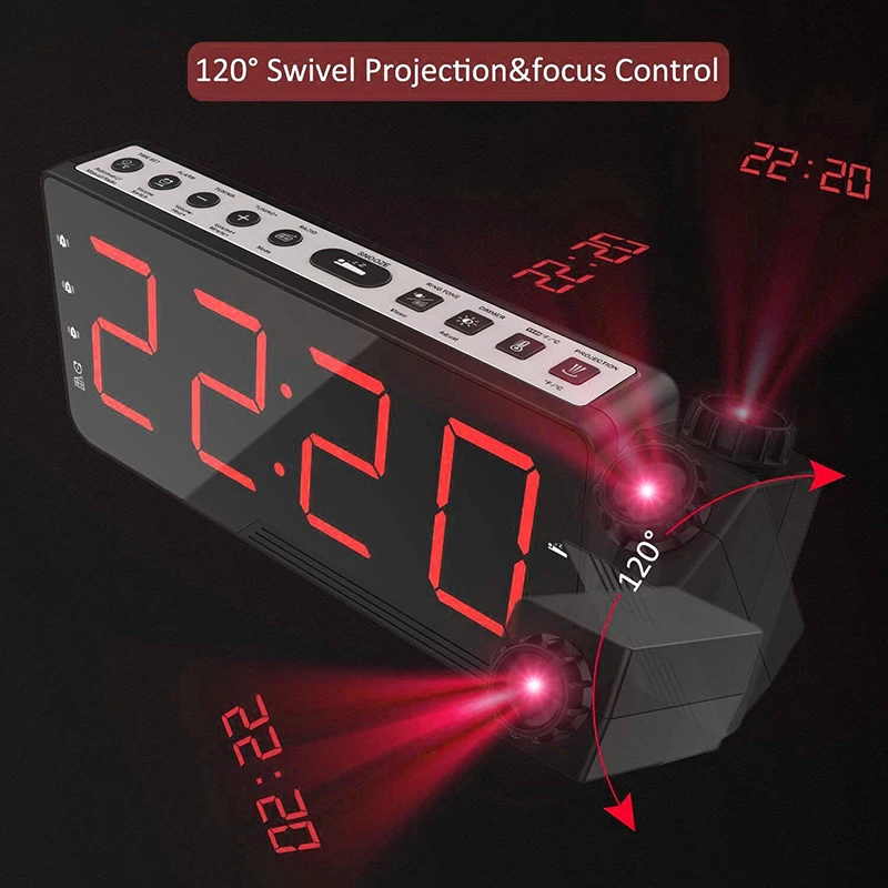 

Digital Projection Alarm Clock FM Radio Snooze Timer Temperature LED Display USB Charge Cable 180 Degree Table Wall Clock Clock