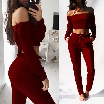 

New Fashion 2PCS Women Clothing Sets Crop Top Blouse Off Shoulder Shirt Pants Leggings Trouser Outfit
