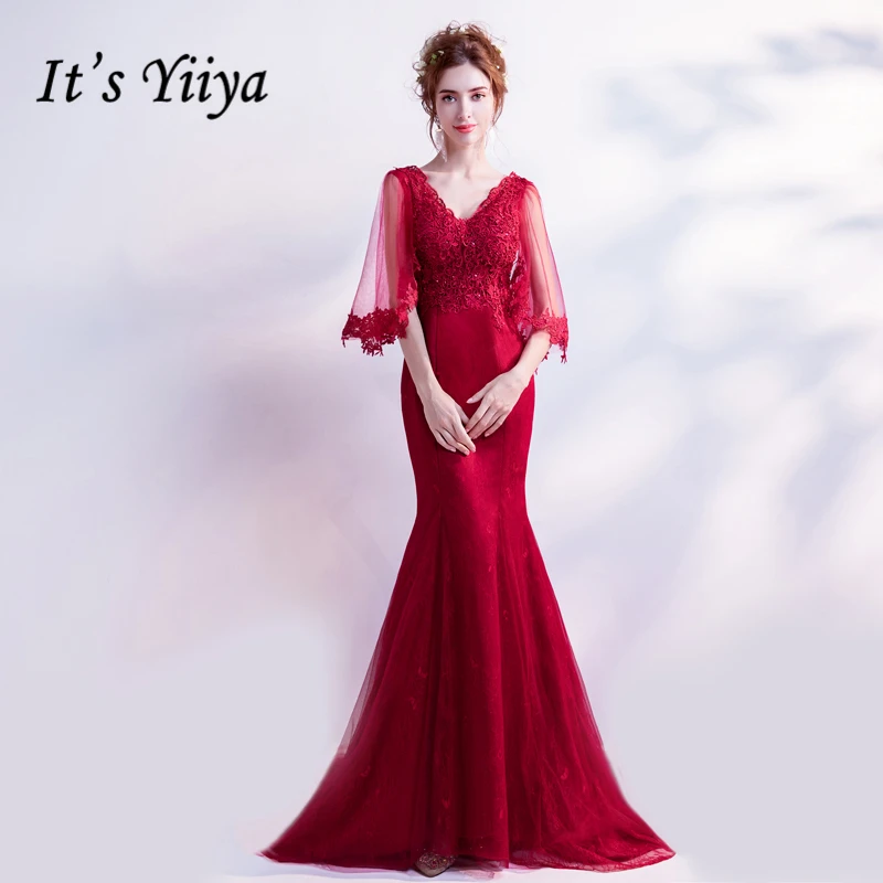 

It's Yiiya V-Neck Luxury Evening Dresses Floral Bling Sequined Lace Embroidery Mermaid Floor Length Formal Dress LX295