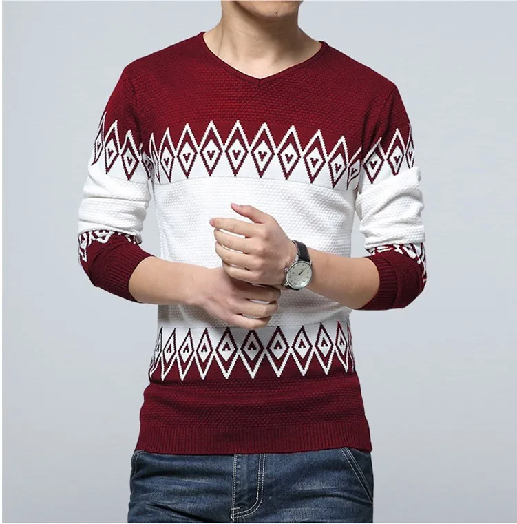 Новые мужские наборы свитеров с геометрическим узором, мужские свитера с v-образным вырезом - Цвет: Красный