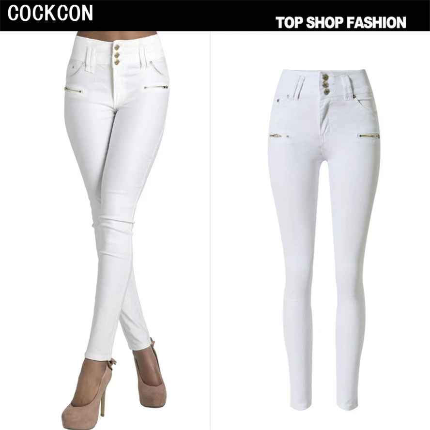 COCKCON Women s high waist jeans skinny elastic denim pencil pants Plus large size three buttons