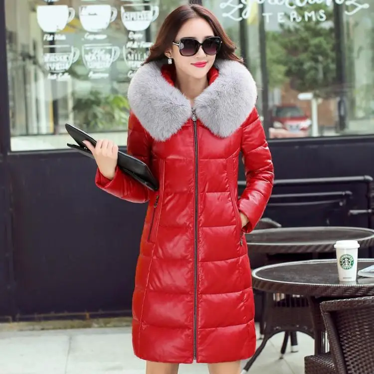 Зимняя женская куртка высокого качества толще большой размер длинное Настоящее кожаное пальто с капюшоном Настоящий Лисий Мех теплое пальто из натуральной кожи WK257