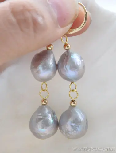 

A 2row 12mm gray almost round Edison PEARL dangle earring 14k