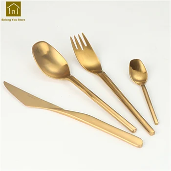 

Luxury Gold Travel Portable Cutlery Set Stainless Steel Spoons Fork Talher Flatware Posate In Oro Camping Tableware WKI016
