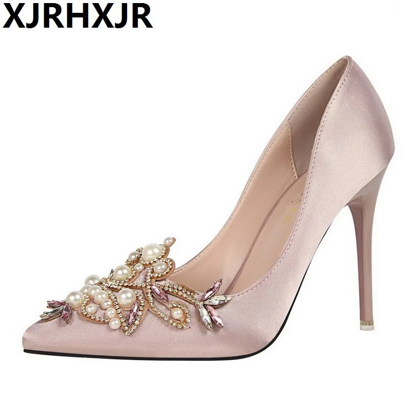 

XJRHXJR Pumps Brand Women's Crystal Pumps Pearl Applique Pointed Toe Stiletto Thin Heel High Heels Wedding Shoes Woman Heels
