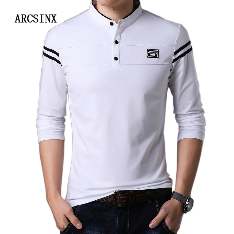 ARCSINX белая мужская рубашка поло с длинным рукавом, Высококачественная брендовая мужская весенне-осенняя Повседневная хлопковая рубашка большого размера, мужские Поло, приталенный крой