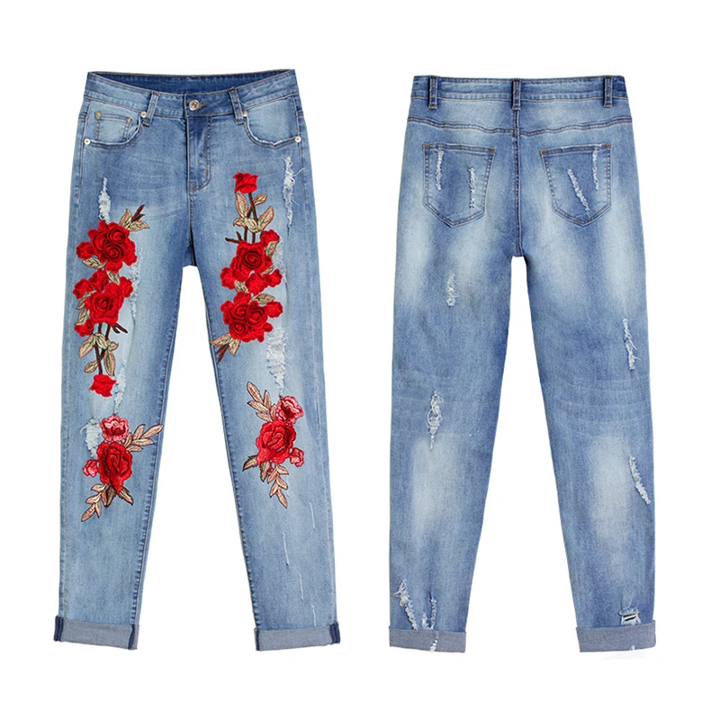 2017 Hot Vogue Jeans Women Stretch Loose Denim Pants Floral 3D Embroidery Bleach Ripped Pants Female Elastic Denim Jeans Pants