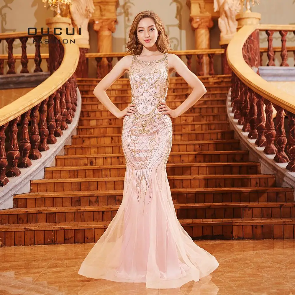 

Oucui Pink Prom Dresses Long 2019 Hand Made Crystal Beading See-through Sexy Elegant Mermaid Evening Dress Formal OL103307