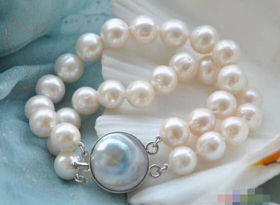 

2row 8" 12mm white round white PEARL bracelet mabe p3717 @^Noble style Natural Fine jewe SHIPPING 5.25