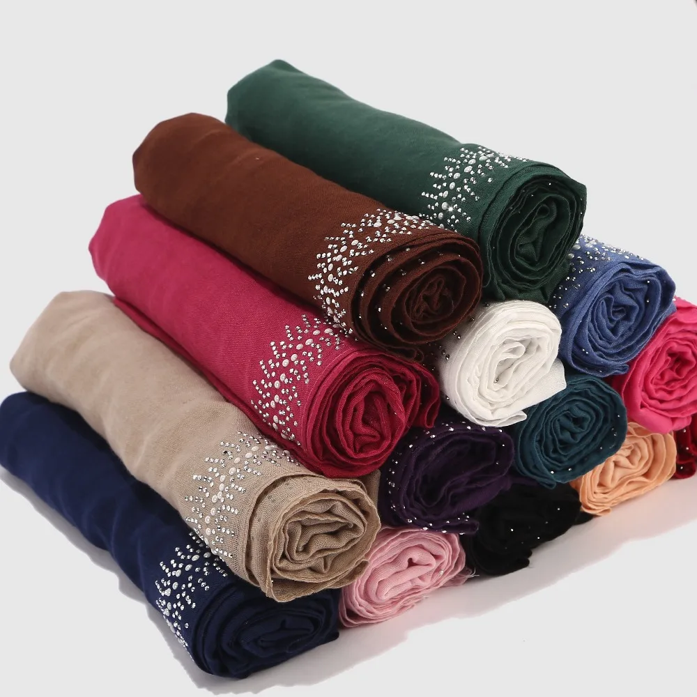 10pc/lot Viscose Soft Cotton Scarf With diamond Women's Plain Pearls Hijab Scarf Female hijab scarf shawl wrap Muslim Hijabs