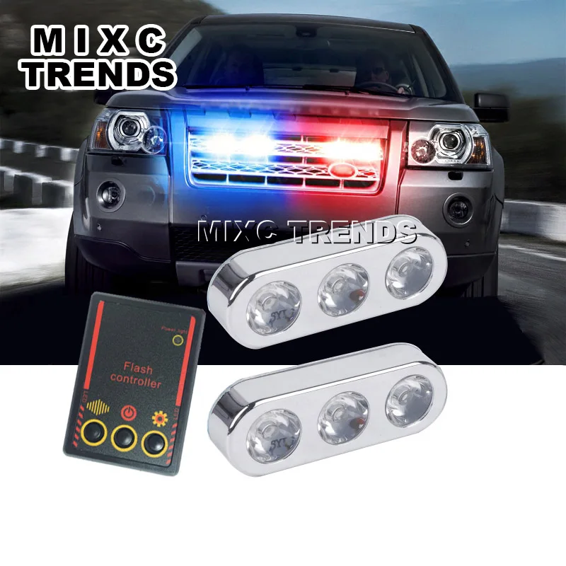 2PCS 3LED Red Blue Flash Controller Car LED Police Strobe Light 12V