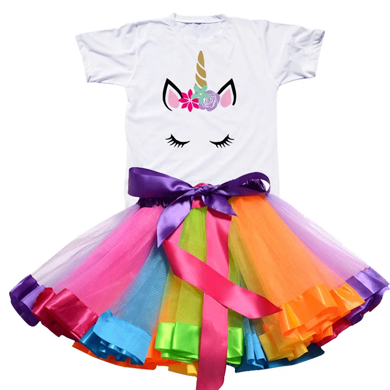 Unicorn Girl Clothing Sets Rainbow Princess Tutu Dress And Cotton T-Shirt Girls Party Suits Toddler Baby Kids Birthday Present