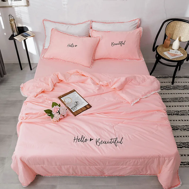 

Solid Color Pink Air Condition Summer Quilt with Pillowcase Comforter Bed Covers Quilting Home Textiles Suitable for Adults Kids