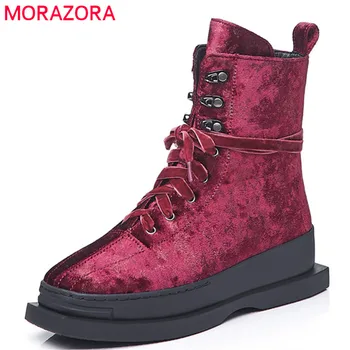 

MORAZORA 2020 top quality ankle boots for women round toe lace up +zipper comfortable flat shoes ladies autumn winter boots