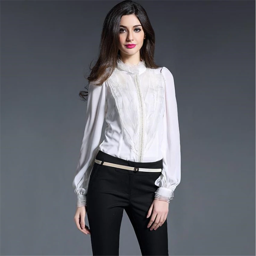 High Quality Women's Silk Blouse Autumn New Luxury Tops Office Lady Lace Ruffles Stand Neck Slim Full Sleeve blusas Shirts Women