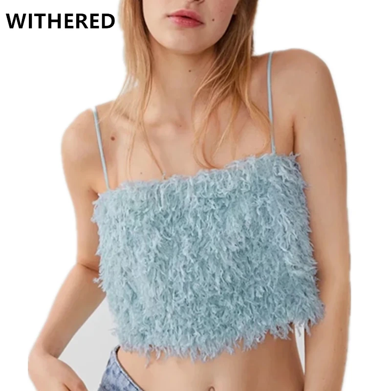 

Withered ins vintage Feather spaghetti strapless crop tops blusas mujer de moda 2019 kimono blouse women womens tops and blouses
