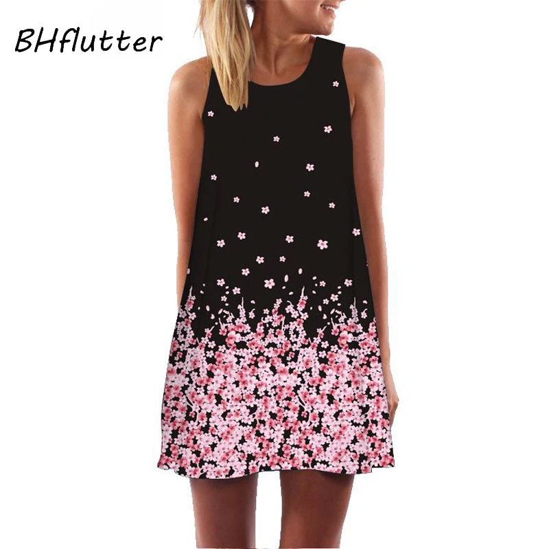 

BHflutter Vintage Floral Print Dress Women New Casual Loose Chiffon Summer Dress Mini Sleeveless Elegant Party Dress sukienki