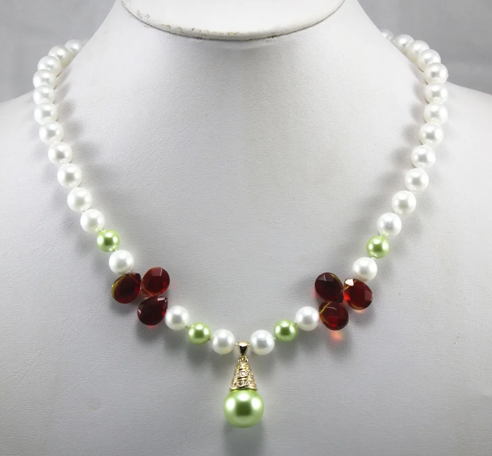 

simplest fashion design! wholesale/retail 8mm white/light green shell pearl mixed crystal necklace+14mm pearl pendant ##a #a