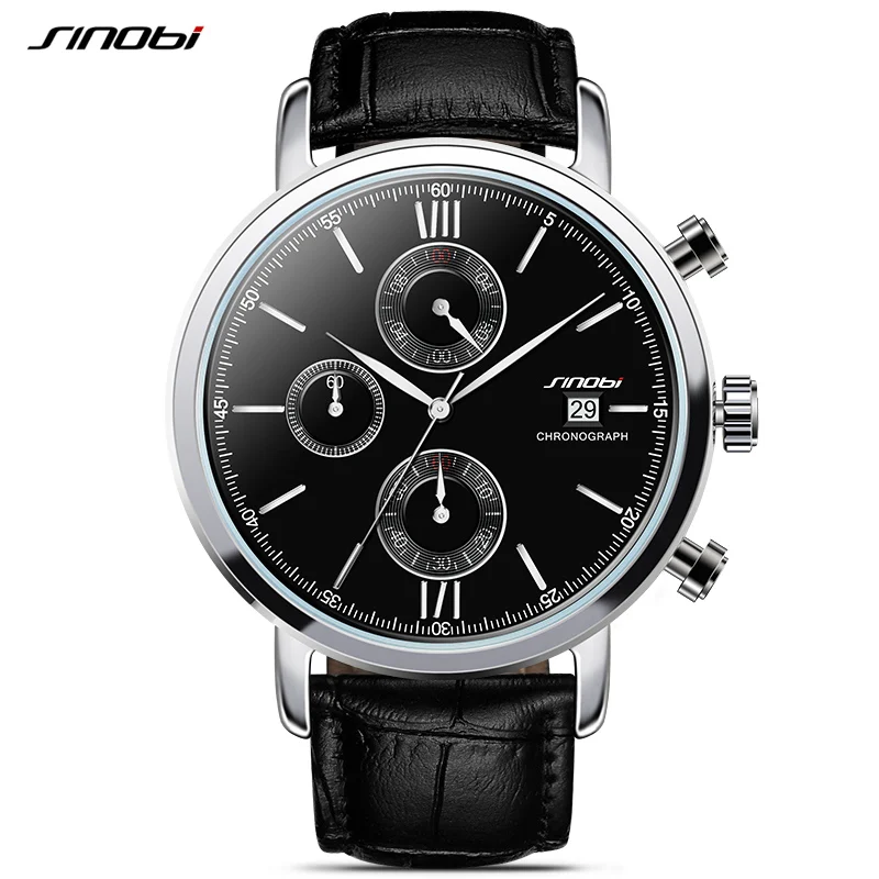 

SINOBI Men's Casual Sport Quartz Watches Genuine Leather Waterproof Date Mans Steel Wristwatch Relogio Masculino Clocks Box Free