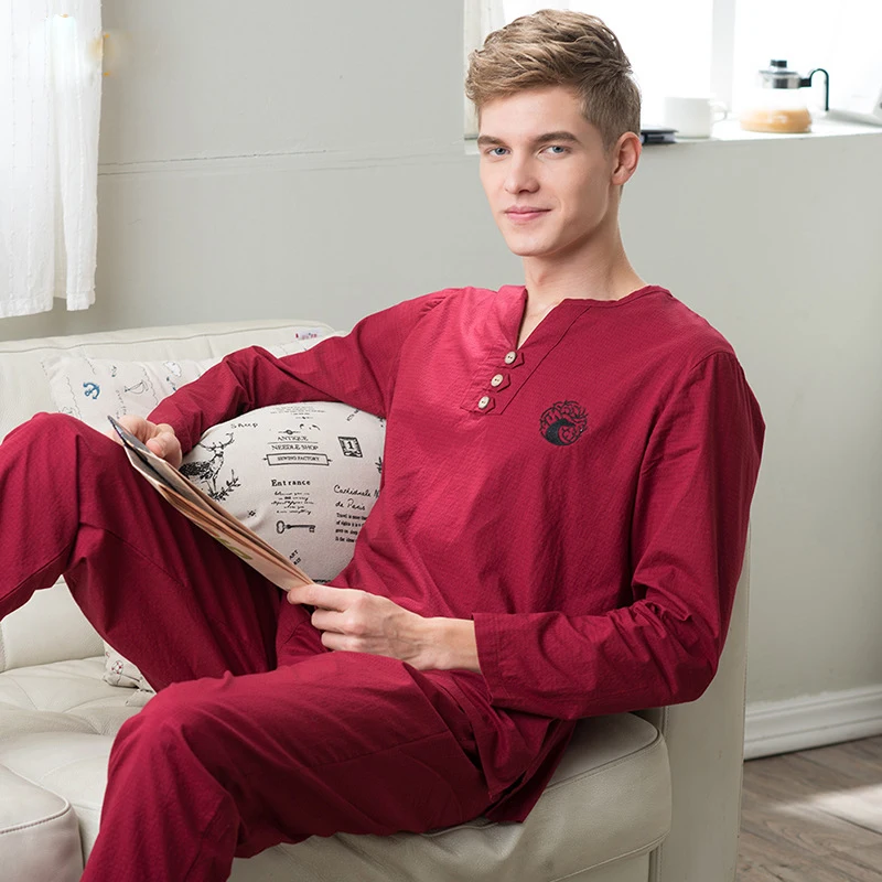 2016 New Autumn Men Long Sleeve Cotton Linen Pajama Sets Male Nightwear Gentleman Solid Colors