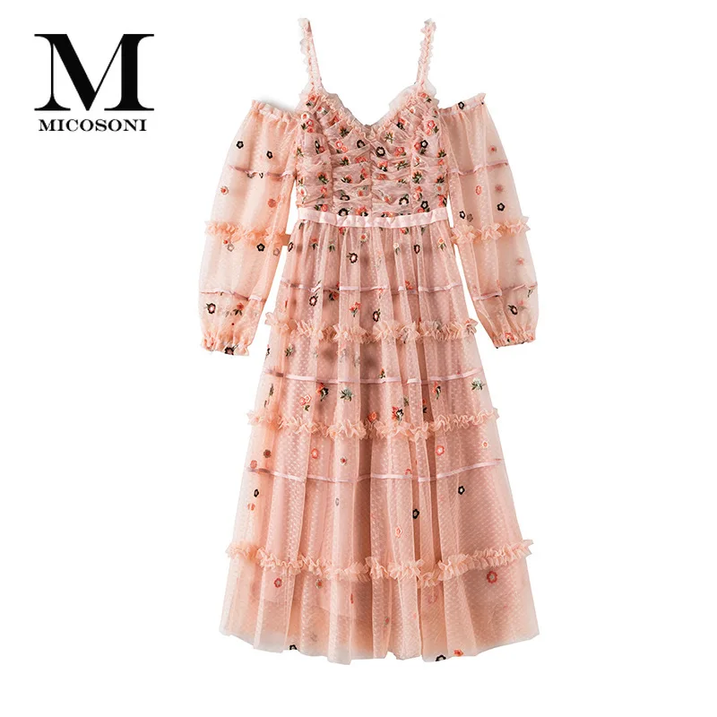 

High Quality Luxe Living 2019 Summer New Elegant Net Yarn Embroidery V-neck Open Shoulder Sexy Long Sleeve Pink Dress for Women
