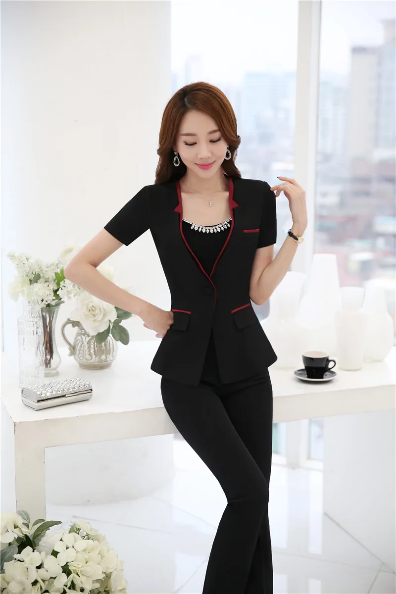 Vestes Nouveauté D'été Noir Ensembles Bureau Business Et Pantsuits Dames Black Courtes Pantalon Manches Professional Work Wear Costumes Pantalons I4IrFqB