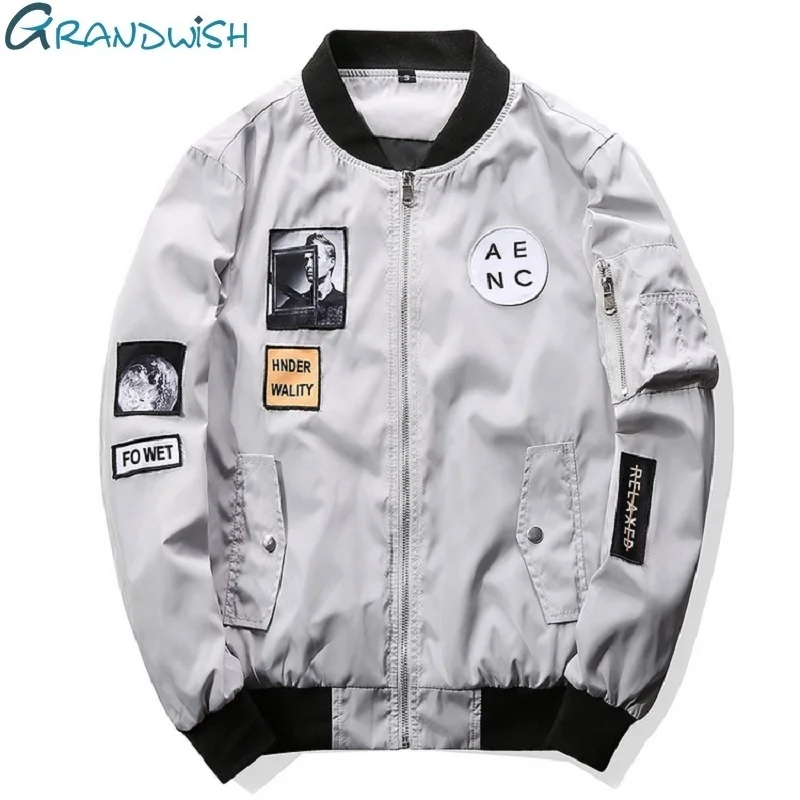 Grandwish/Модная Мужская куртка бомбер в стиле хип хоп патч дизайн Slim Fit пилот пальто